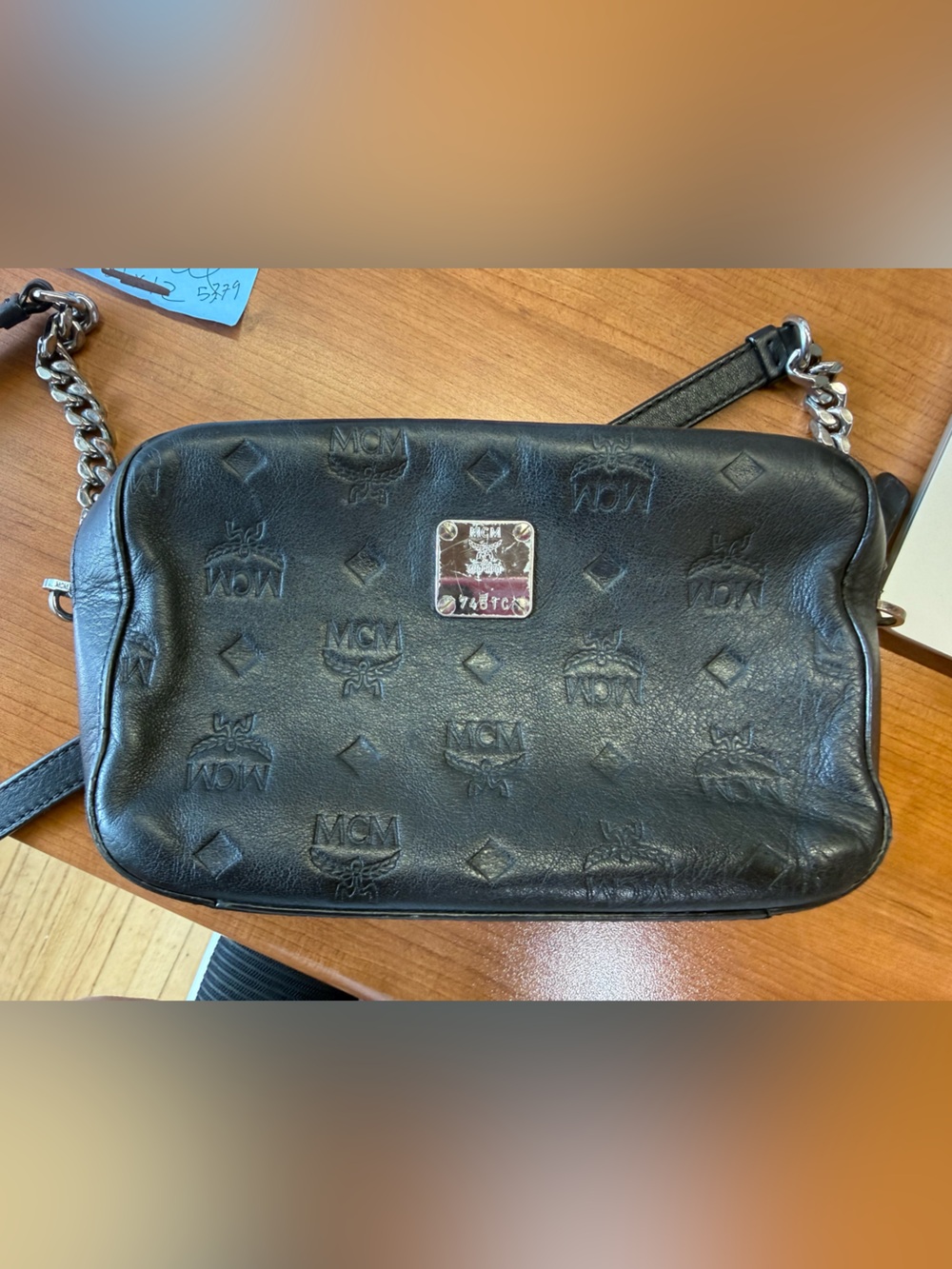 MCM Black Embossed Leather Belt Bag with Chain Strap